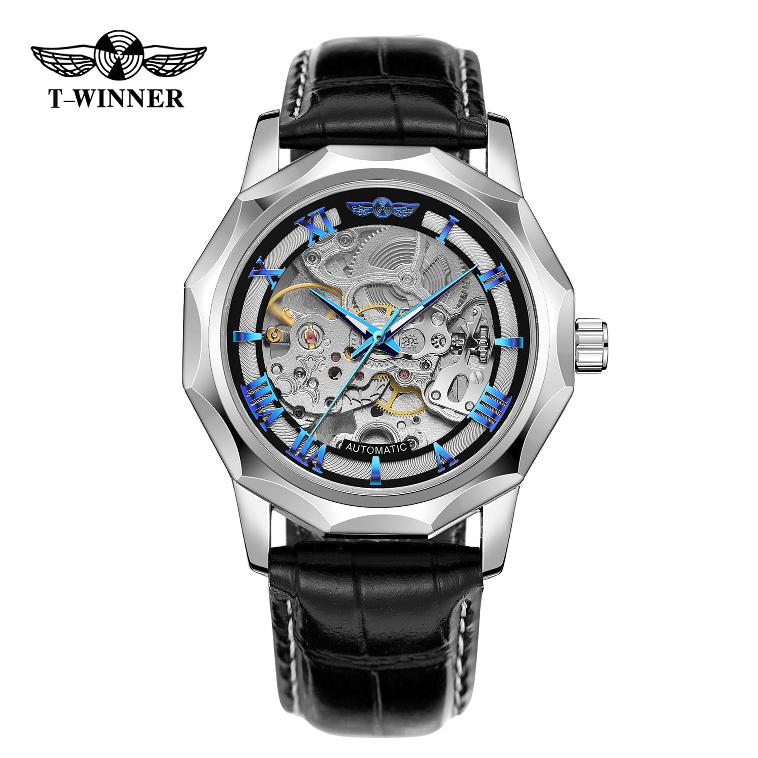 WINNER faceted skeleton automatic watch in silver with blue accents