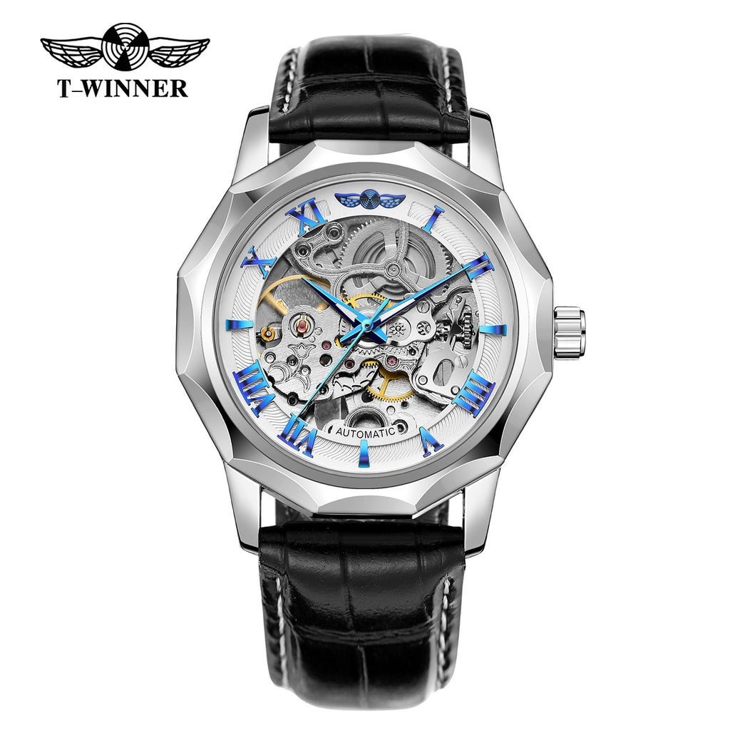 WINNER faceted skeleton automatic watch in silver with white chapter ring and blue accents