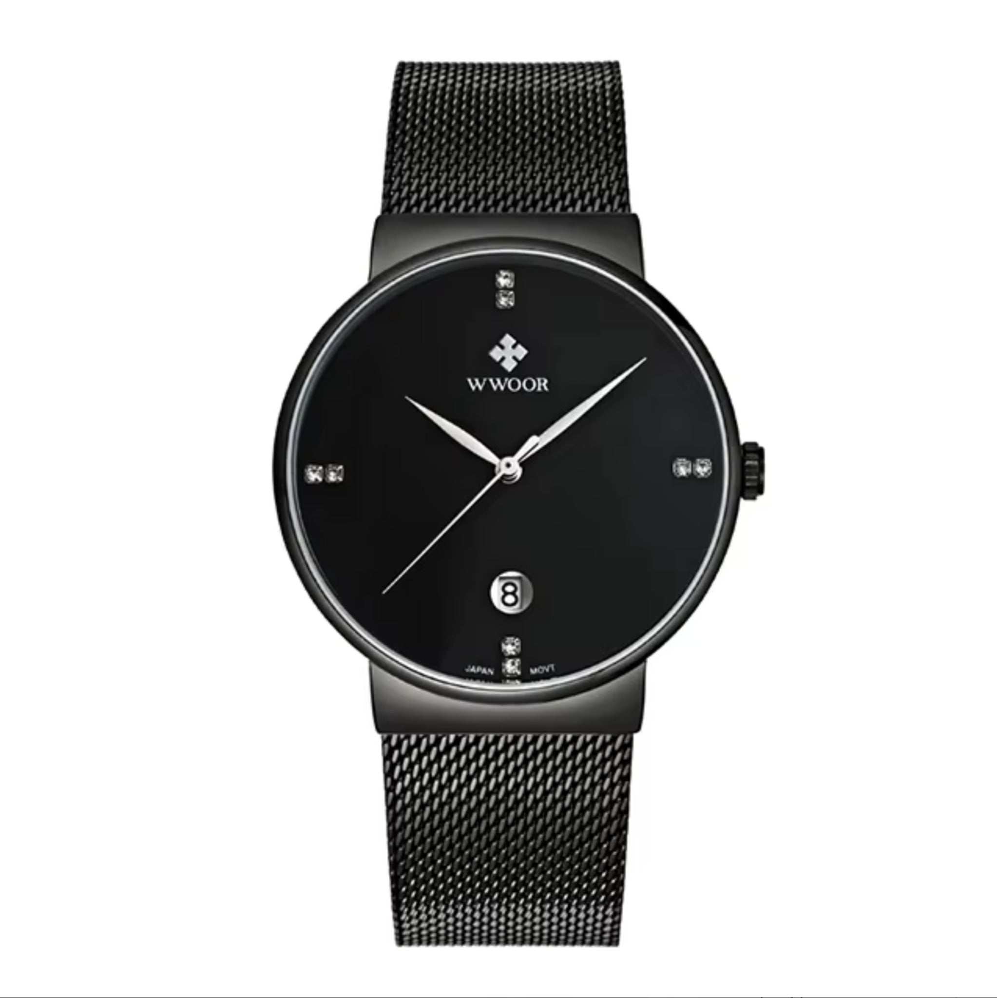 WWOOR 8018 ultra-thin quartz watch, all black, steel mesh bracelet