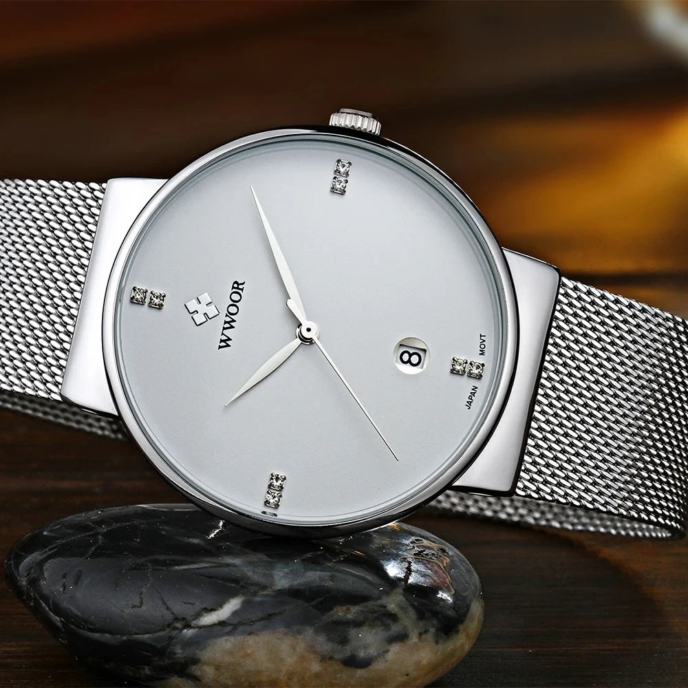 WWOOR ultra thin quartz watch mesh bracelet detail