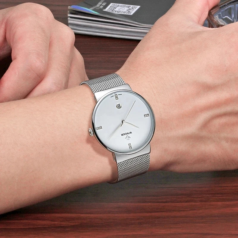 WWOOR ultra thin quartz watch dial detail