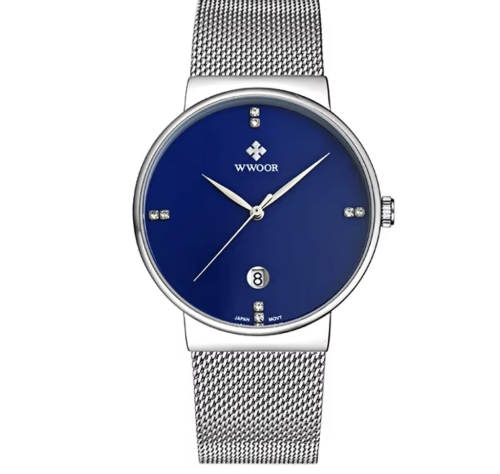 WWOOR 8018 ultra-thin quartz watch, silver case, blue dial, steel mesh bracelet