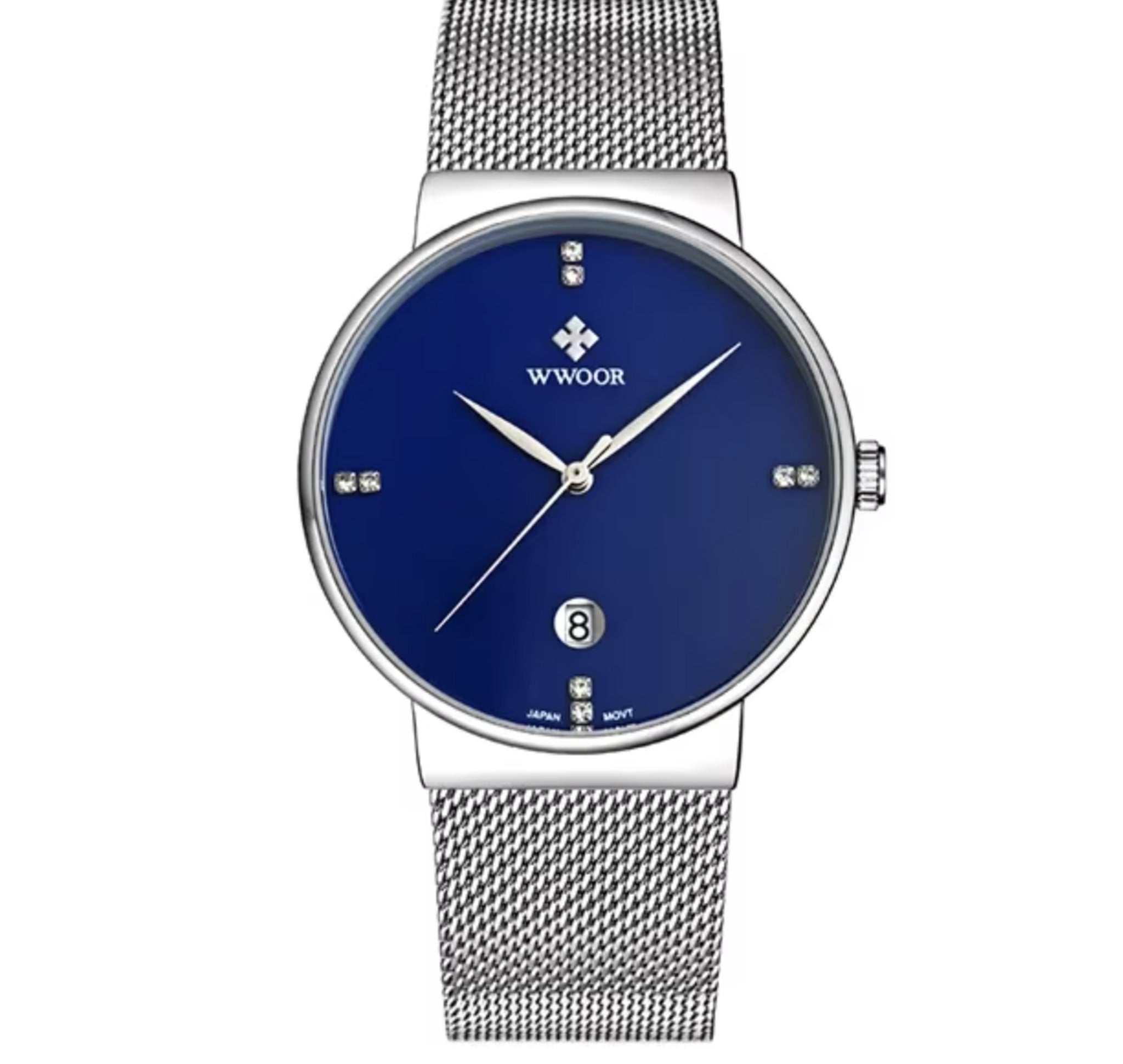 WWOOR 8018 ultra-thin quartz watch, silver case, blue dial, steel mesh bracelet