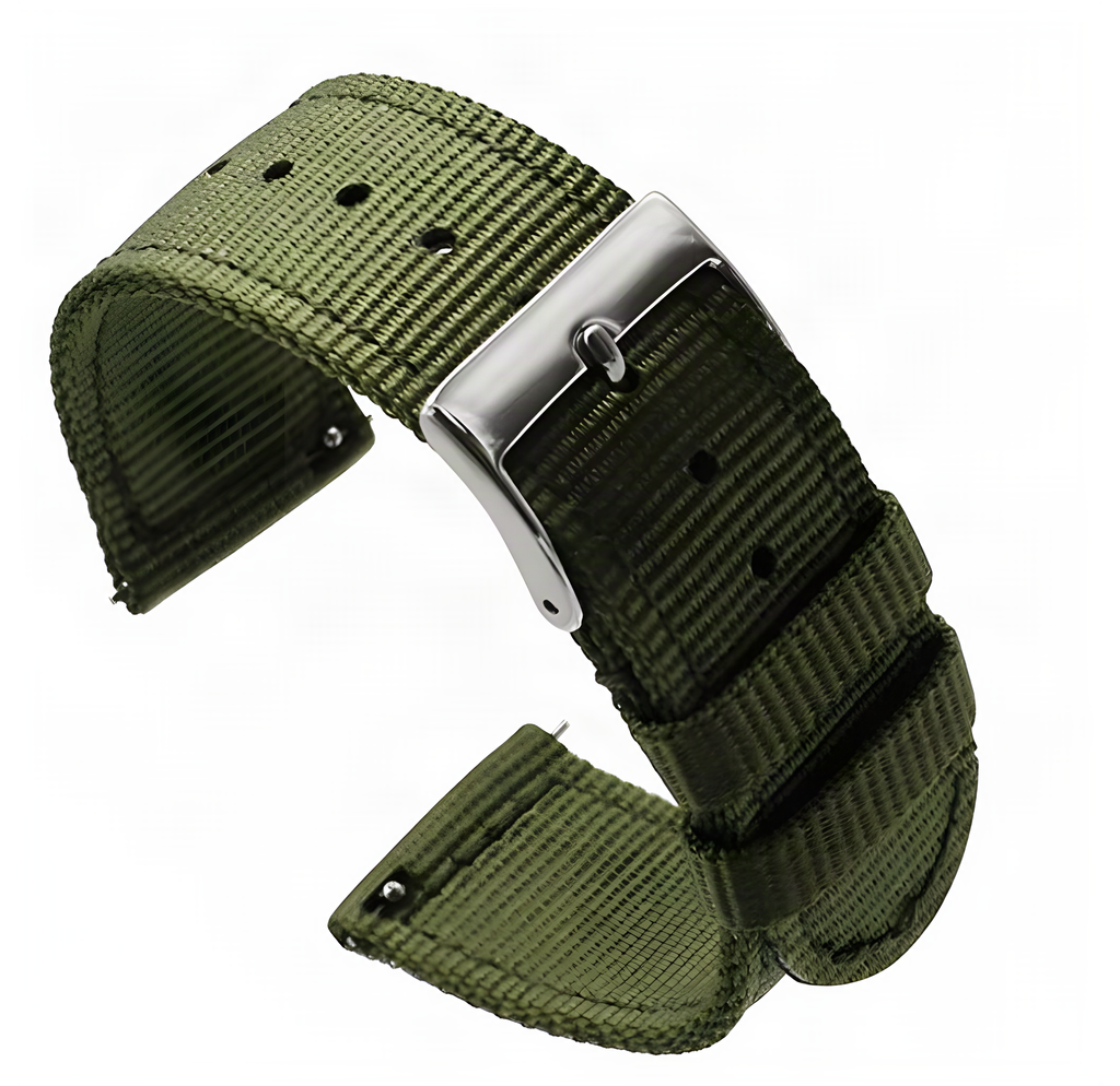 Army green woven nylon quick-release watch strap with silver buckle and keepers