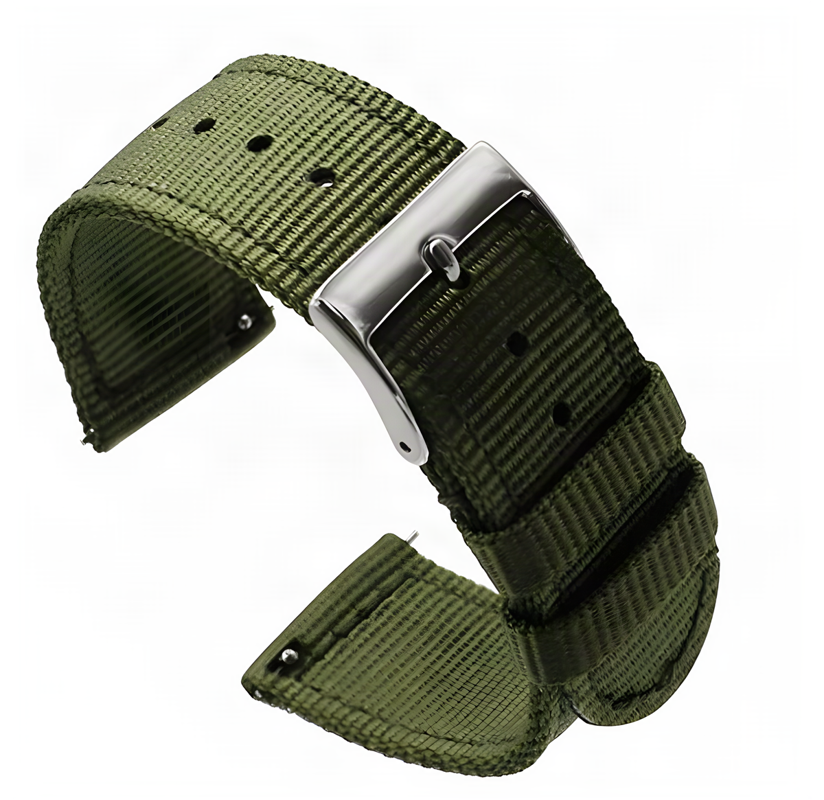 Army green woven nylon quick-release watch strap with silver buckle and keepers