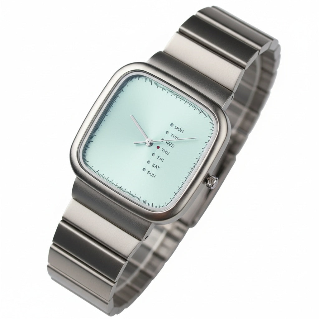 CILOA Square Silver Luxury Quartz Watch, three-quarter angle
