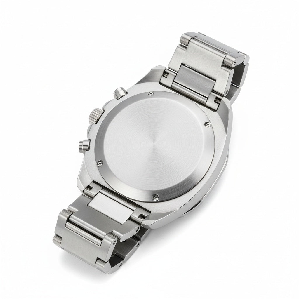 CILOA Round Calendar Quartz Watch, case back view