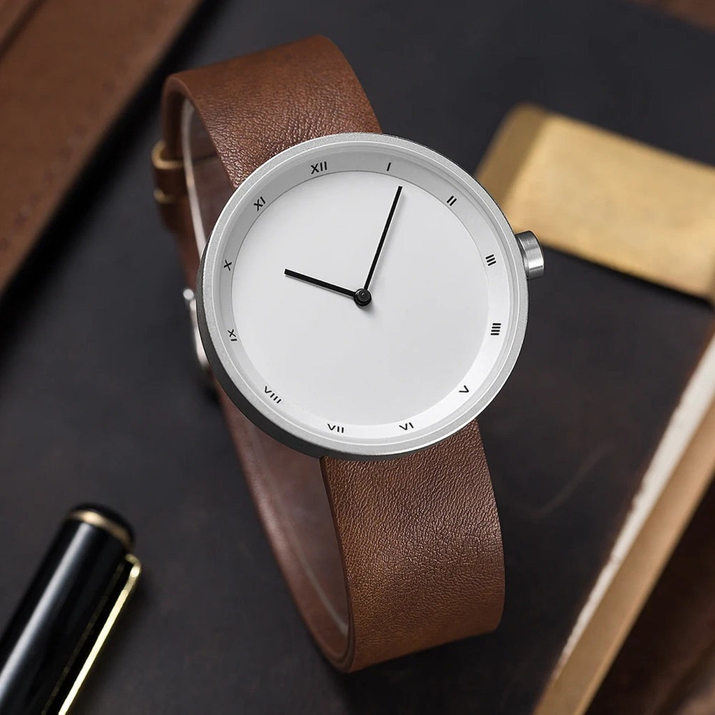 YAZOLE minimalist watch with white dial and brown strap